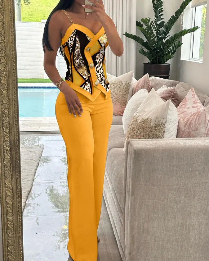 Spring Summer Sleeveless Suit Fashion Print Two Piece Sets Women Sexy V-neck Button Metal Sling Top & Wide Leg Pants Outfits
