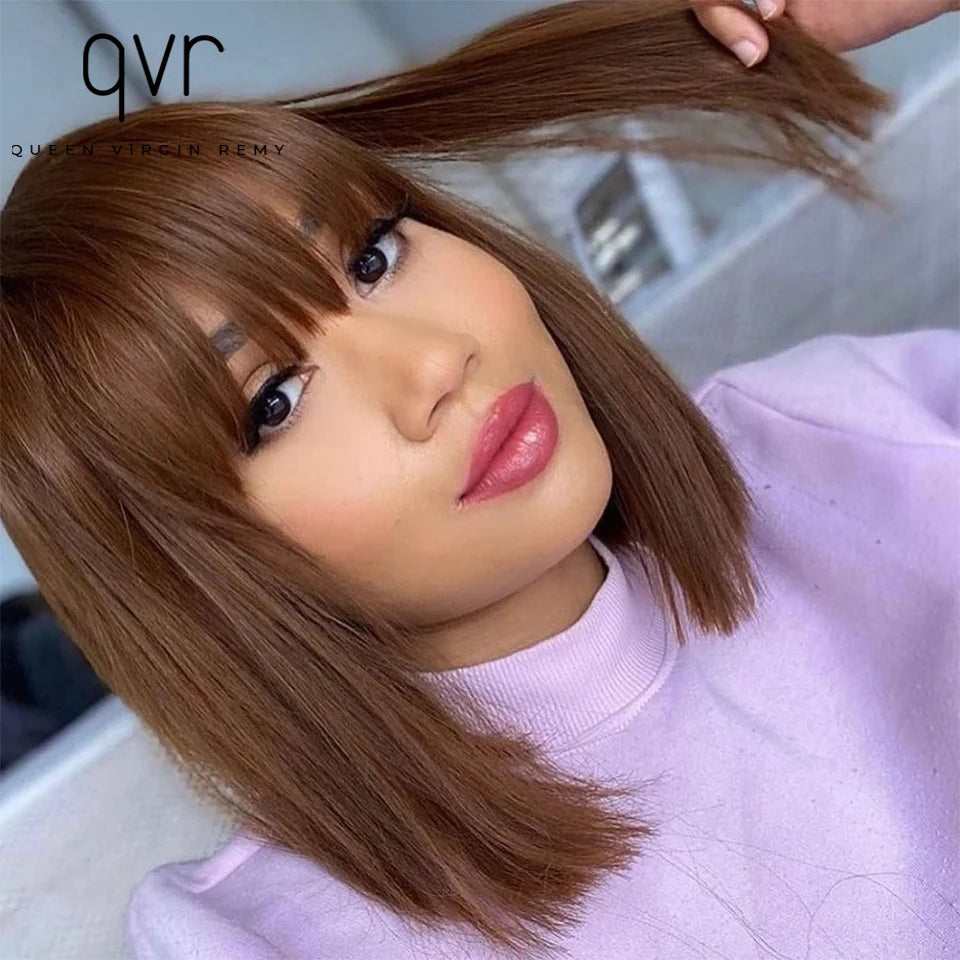 QVR 180 Density Full Machine Wig Highlight Brown Colored Bone Straight Human Hair Bob Wigs QVR Human Hair With Bangs For Women