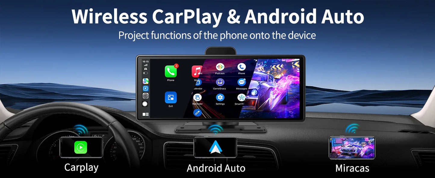 Imagebon 10.26" 4K ADAS Wireless CarPlay & Android Auto Dash Cam Night Vision 24h Park Monitoring Loop Recording GPS FM Car DVR