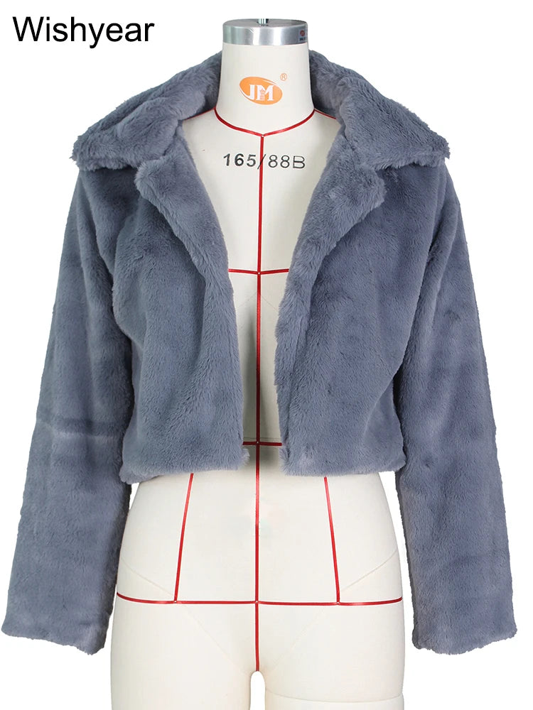 Fashion Faux Fur Open Stitch Lapel Crop Jackets Women Clothing Autumn Winter Solid Long Sleeve Warm Furry Fluffy Coat Outer Wear