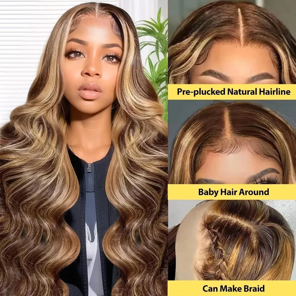 high density Ombre brown Highlight 30 32 40 inch13x6 Hd Lace Frontal Wig Blonde 5x5 closure Body Wave 13x4 Front Human Hair Wigs