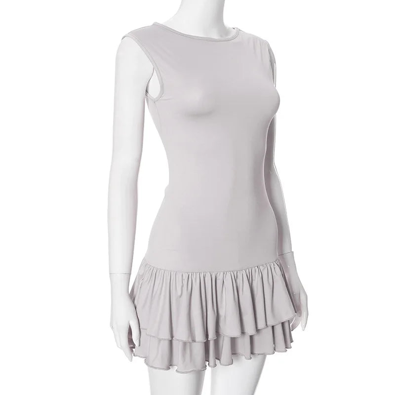 Women's Solid Pleated Short Dress Sleeveless O-neck Fashion Elegant Simple Mini Bodycon Dresses Slim Street Casual Party Holiday