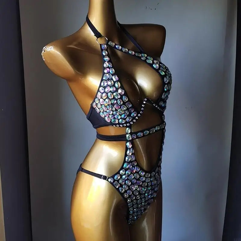 Rhinestones Bathing Suit for Women Cut Out Swimwear Backless Swimming Suit