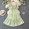 2024 New Summer Flower Print Long Dress Women Vintage Square Neck Ruched Chest Sash Bandage Sundress Party Vestidos