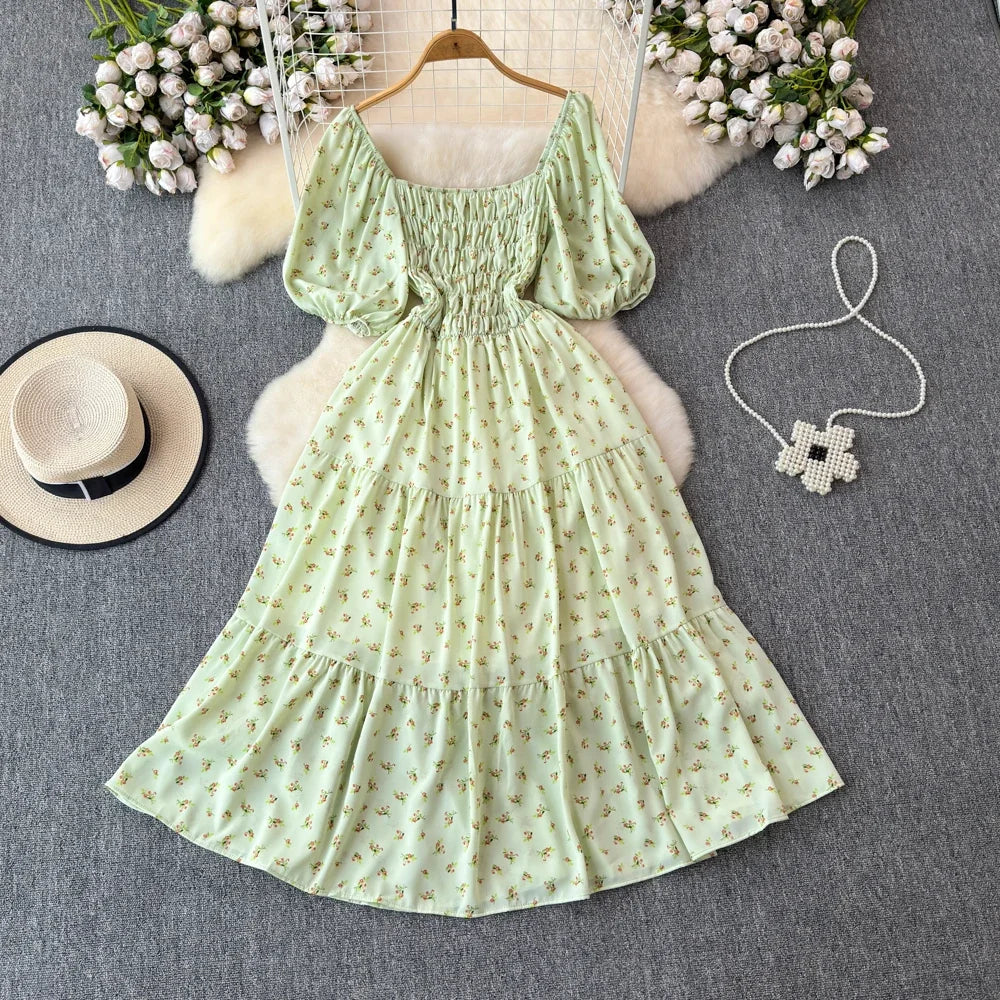 2024 New Summer Flower Print Long Dress Women Vintage Square Neck Ruched Chest Sash Bandage Sundress Party Vestidos