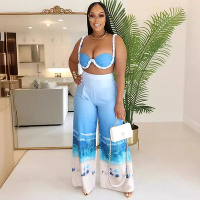 Sexy Nightclub Outfits for Women 2 Piece Set Birthday Vacation Bra Crop Top and Print Wide Leg Pants Matching Sets Beach Wear