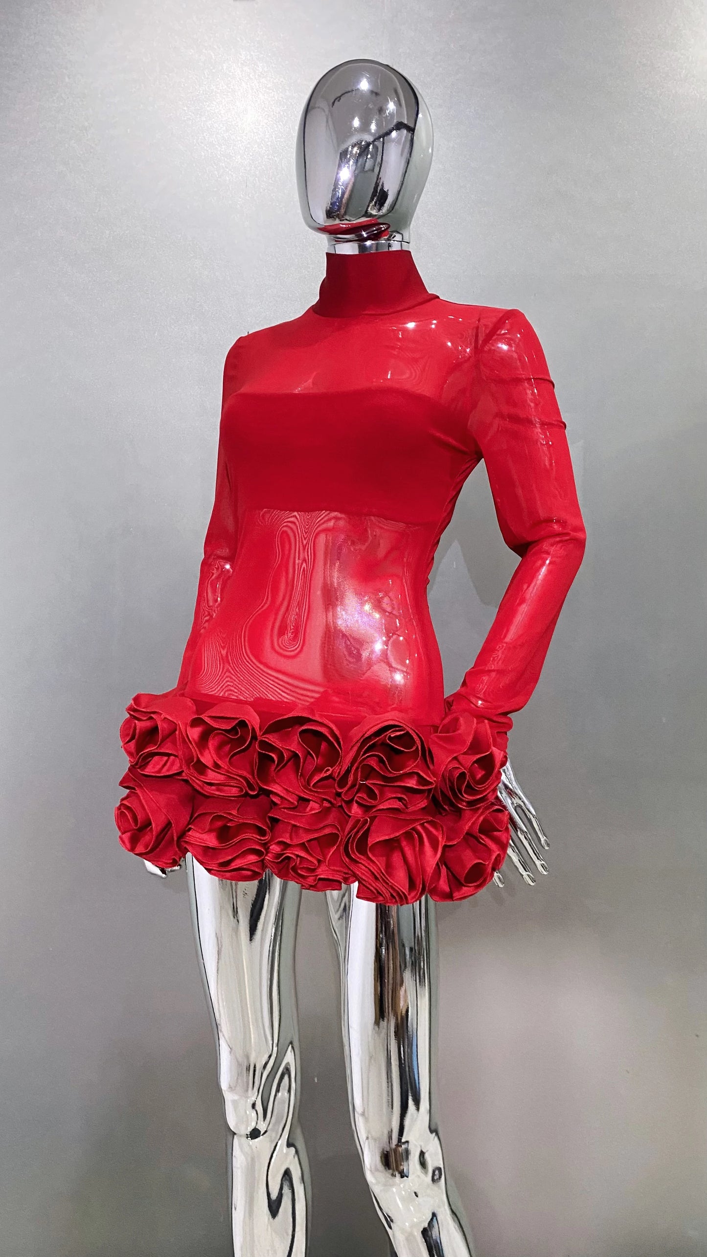2024 New Sexy Mesh See through Stereoscopic Flowers Red Mini Evening Dress Sweet Woman Birthday Party Dress Performance costume