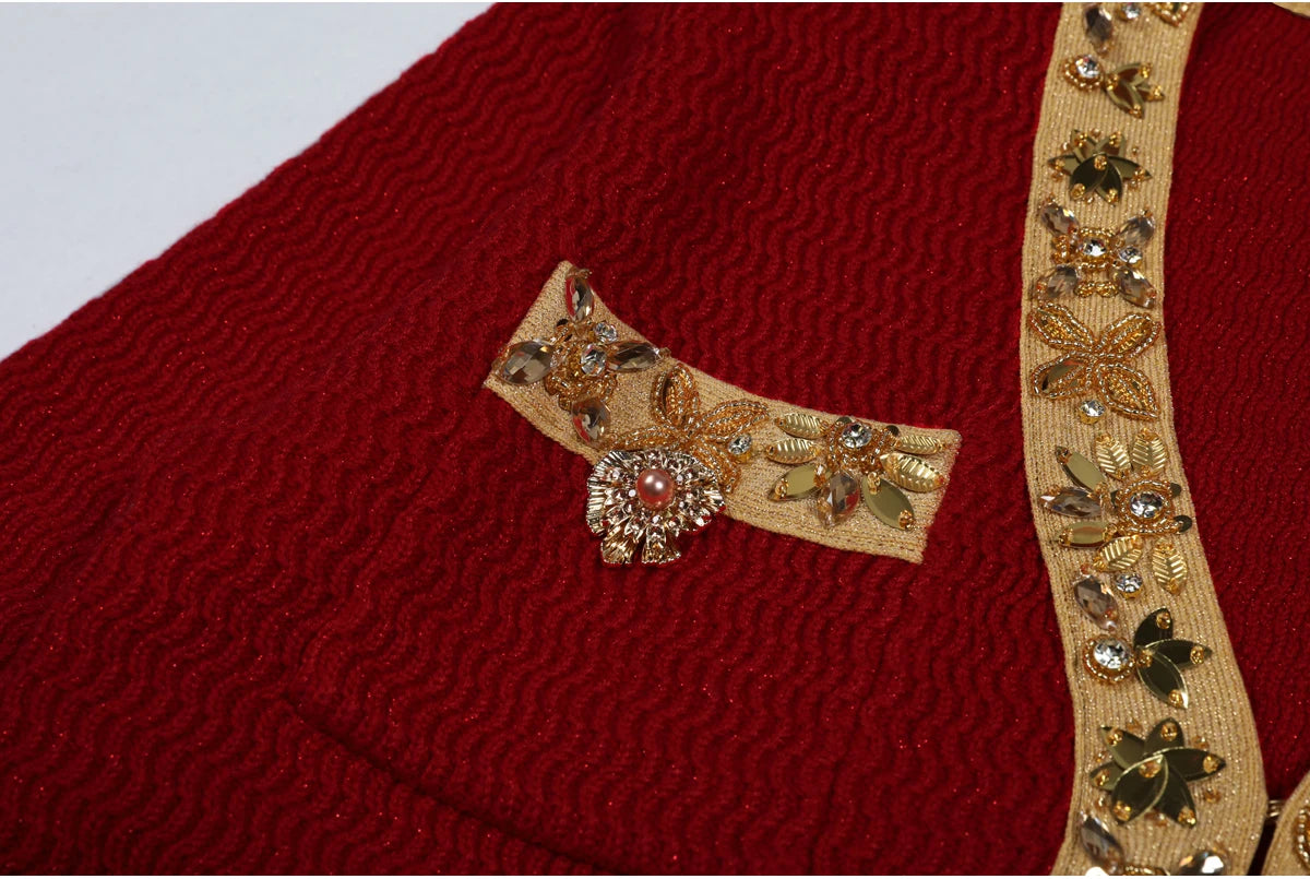 High Quality New Fashionable Elastic Knitted V-neck Luxurious Exquisite Nail Bead Piece Cardigan Slim Fit Short Skirt Women Set