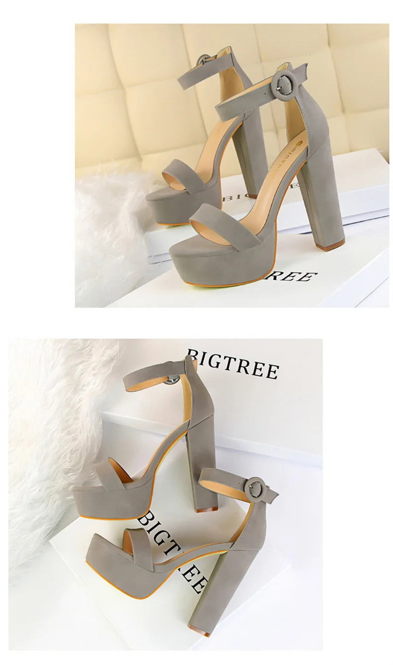 Fashion Women Pumps Sandals Summer Platform Belt Buckle Strap PU Square Heel Outdoor Korean Style Black Open Toe Grace 1550-1