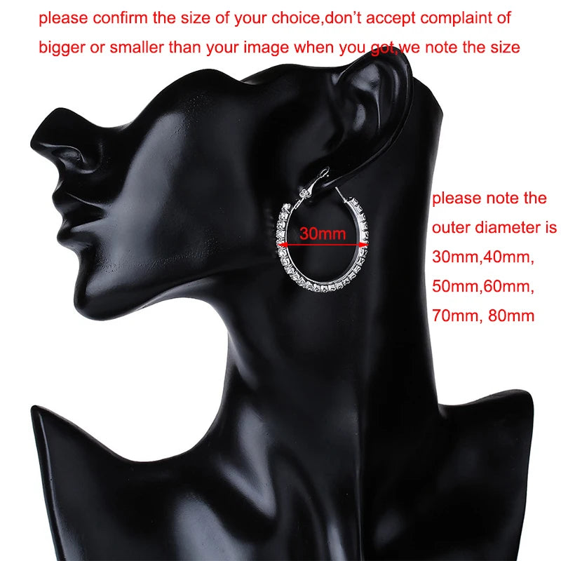 30-80mm Big Hoop Earrings For Women Girls Circle Crystal Rhinestone Earrings Black Gold Silver Color Round Earings Party Gift