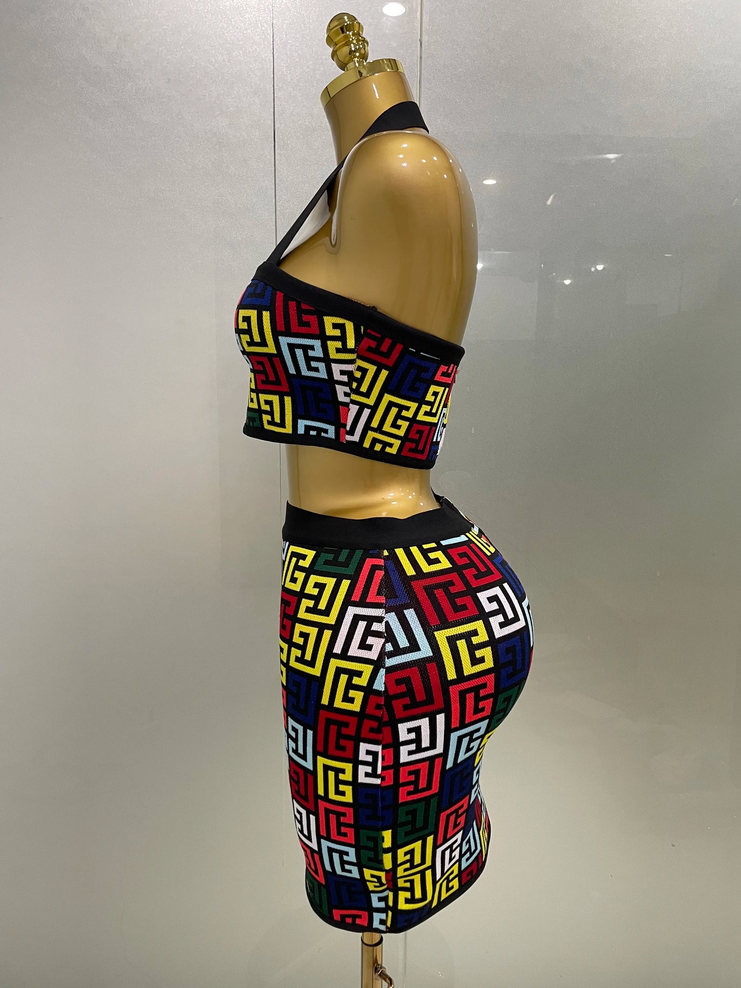 Women 2025 New Sexy Backless Halter Jacquard Two Piece Mini Skirt Bandage Set Celebrity Designer Evening Party Women's Set