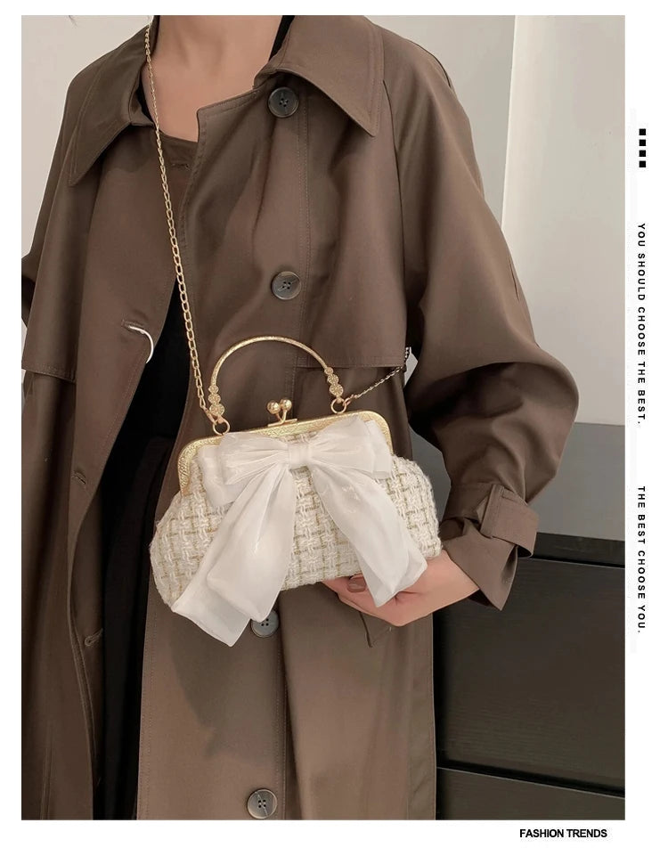 Glittering Chain Plaid Pattern Evening Bag For Women Bow Decor Shoulder Bag, Fashionable Elegant Clutch, Women‘s Crossbody Bag