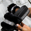 Women Fur Rhinestone Slippers Platform Wedges Without Heel Fluffy Furry Slides Flat Flip Flops Shoes Ladies Shiny Bling