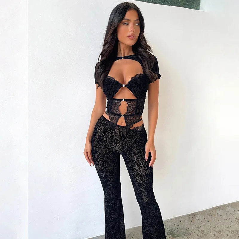 FAGADOER Sexy Lace See Through 2 Piece Sets Woman Outfit Hollow Out Crop Top + Flare Pants Female Y2K Streetwear Summer Spring