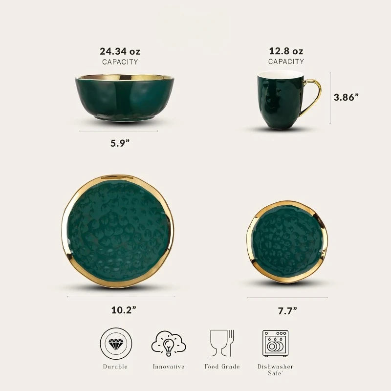 Florian Modern Porcelain 16 Piece Dinnerware Set, Plates and Bowls Set, Dish set for 4, Green and Golden Rim