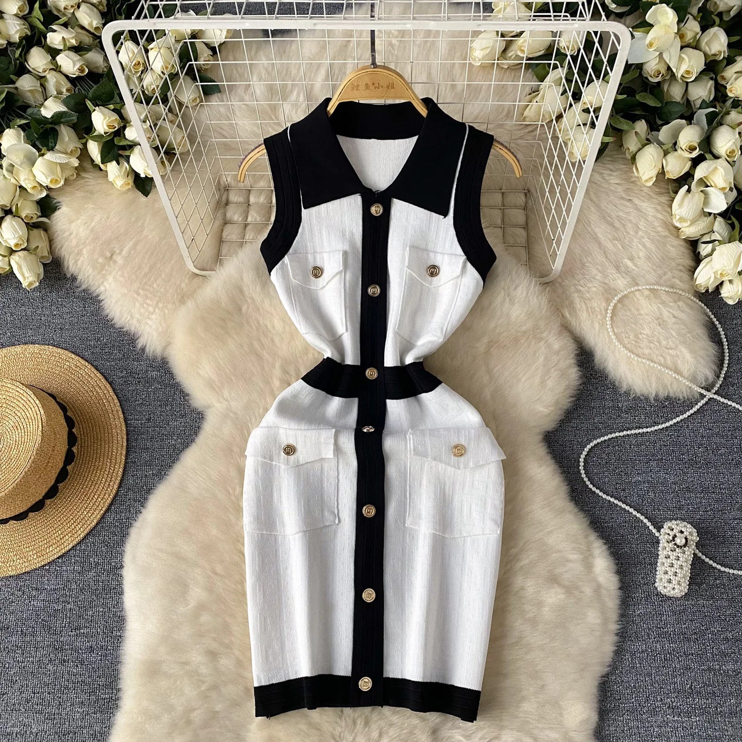 Mini Dress Women Dresses Vests Knitted Vestidos Bodycon Streetwear Polo Neck Sleeveless Single Breasted Splice Y2k Elegant Work