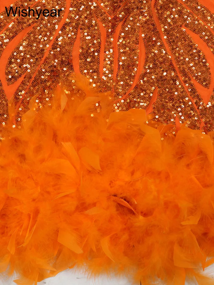 Elegant Luxury Sequins See Through Feather Mini Dress Celebrity Halter Backless Women‘s Sexy Birthday Party Nightclub Vestidos