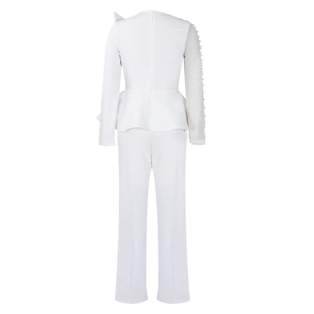 Luxury Jumpsuits & Rompers for Women Round Neck Beaded Transparent Sleeve High Waisted Elegant Female Birthday Party Overalls