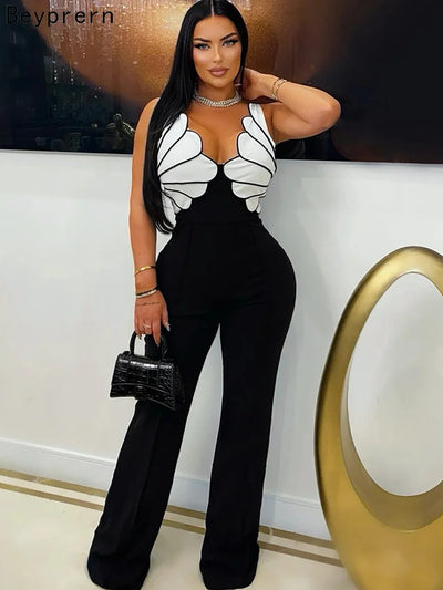 Beyprern Beautiful Shell Details Jumpsuit Women Sleveeless Details Palazzo Jumpsuit Wide Leg Pants Set Overalls Sexy Clubwear