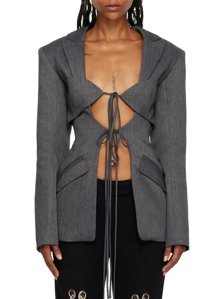 TWOTWINSTYLE Patchwork Lace Up Hollow Out Blazer For Women Notched Collar Long Sleeve Tunic Designer Blazers Female Fashion New
