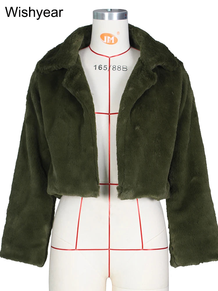 Fashion Faux Fur Open Stitch Lapel Crop Jackets Women Clothing Autumn Winter Solid Long Sleeve Warm Furry Fluffy Coat Outer Wear