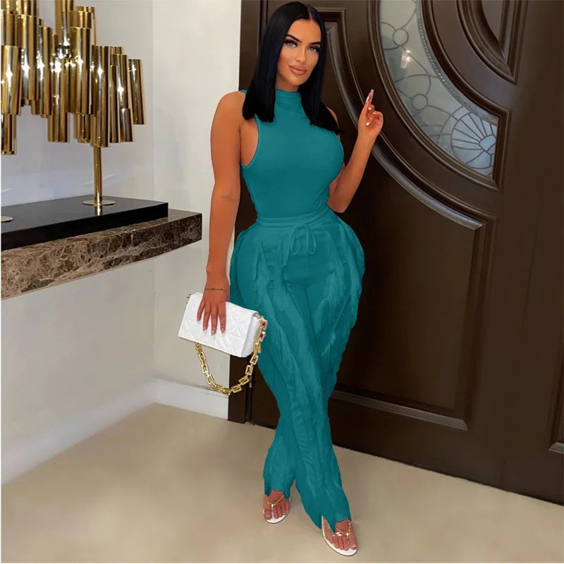 Solid Tank Pants Tassel Two Piece Sets Women Fashion Sleeveless Bodysuits Top Drawstring High Waist Fringed Wide Leg Trousers