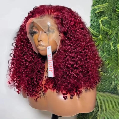 200% Density 99J Burgundy Short Bob Hair Wig 13x4 Lace Front Wig 100% Human Hair Red Colored Deep Wave Lace Frontal Wig 14 Inch