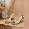 Summer One-word Rhinestone Square Head Sandals Women's Stiletto Open-toed Crystal Gemstone High Heels