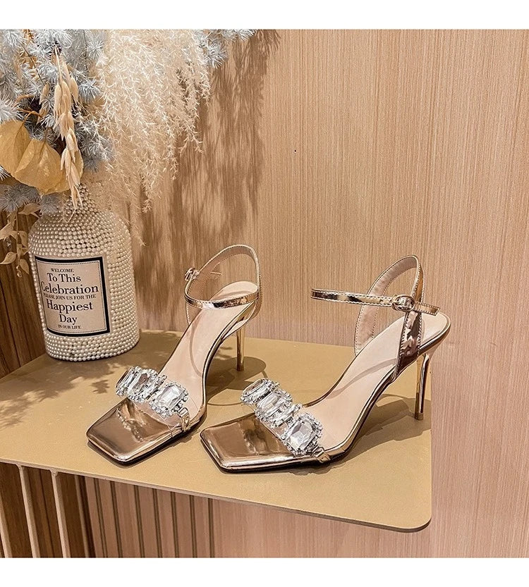Summer One-word Rhinestone Square Head Sandals Women's Stiletto Open-toed Crystal Gemstone High Heels