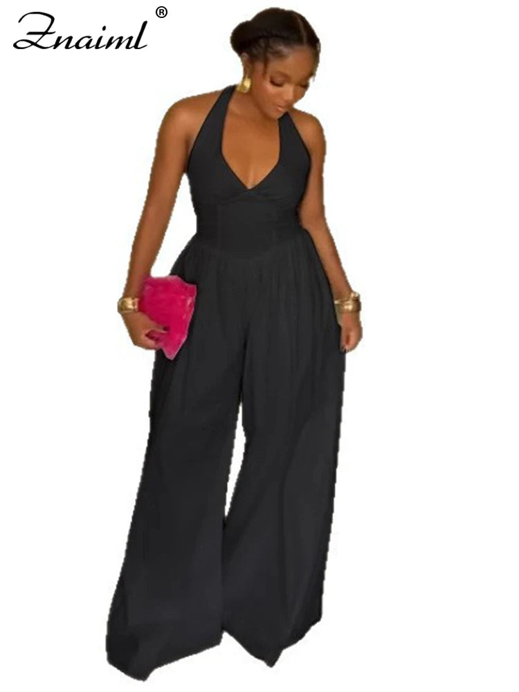 Znaiml Elegant Evening Gowns Biarthday Party One Pieces Wide Leg Pants Outfit for Women White Halter Backless Jumpsuit Rompers