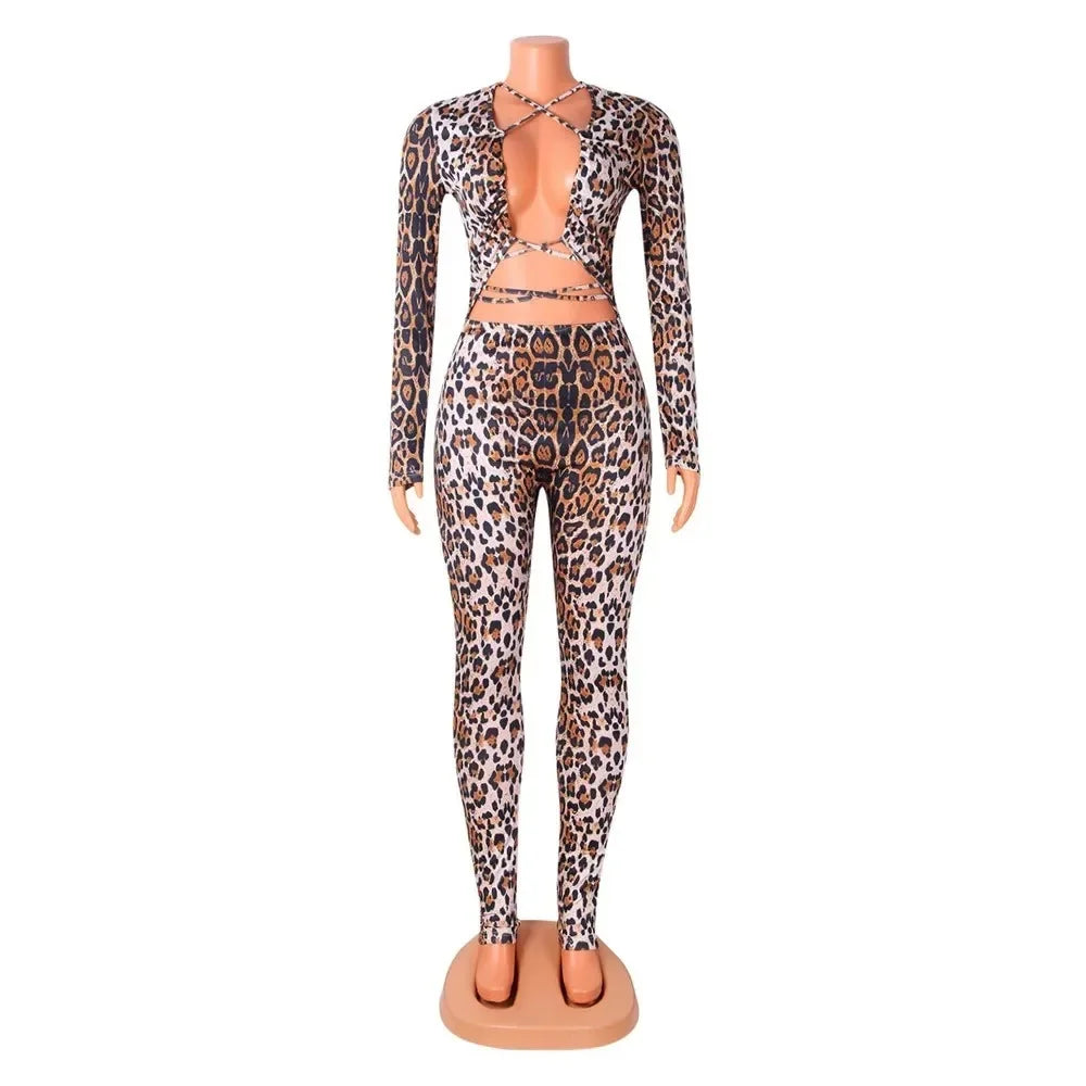 HLJ Sexy Backless Lace Up Leopard Bodycon Jumpsuits Women O Neck Long Sleeve Skinny Pants One Piece Playsuits Fashion Overall