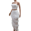 Sexy Two 2 Piece Sets Night Club Outfits for Women White Lace See Through Sleeveless Strapless Top and Ruffles Long Skirts Suit