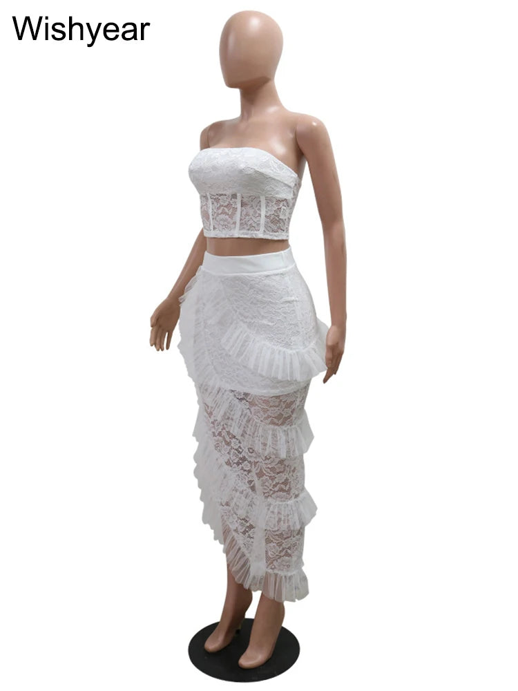 Sexy Two 2 Piece Sets Night Club Outfits for Women White Lace See Through Sleeveless Strapless Top and Ruffles Long Skirts Suit