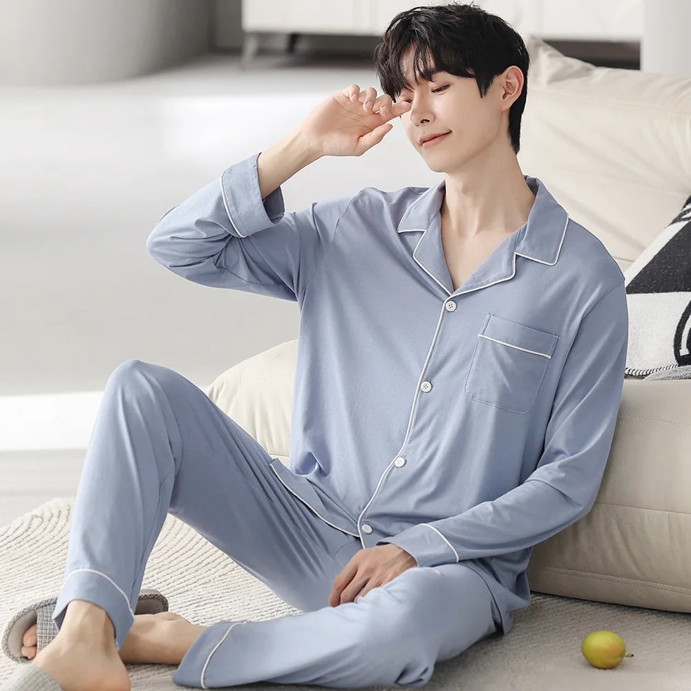 Autumn Pajamas Sets Men Long Sleeve Modal Cotton Thin Teenage Boys' Large Size Spring Outwear Home Cloth Suit Sleepwear Male