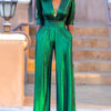 Bonboho Women's Solid Color Jumpsuit Deep V-neck Three-Quarter Sleeves High Waist Wide Leg Oe-piece Suit Summer Casual Jumpsuits