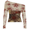 CIBBAR Vintage Mesh See Through Cropped Top y2k Aesthetic Floral Print Slash Neck Long Sleeve T-Shirts Women Retro Fashion Tees