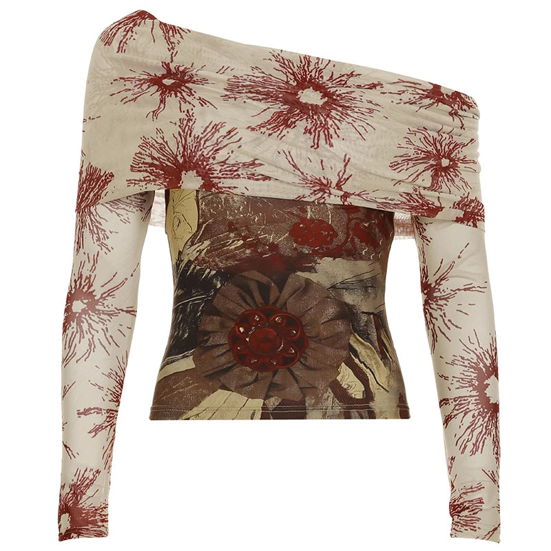 CIBBAR Vintage Mesh See Through Cropped Top y2k Aesthetic Floral Print Slash Neck Long Sleeve T-Shirts Women Retro Fashion Tees
