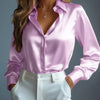 Women's Satin Shirts Elegant Plain Long Sleeve Blouse Office Lady Button-Up Shirt Top Female Crew Neck Shirts Blouse 2025 Autumn