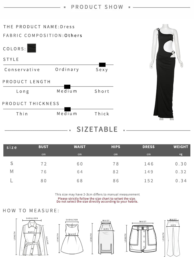Weird Puss Metal Buckle Dress Women Irregular Hollow Split One Shoulder Skinny Ruched Waistless Midnight Clubwear Maxi Bodycon