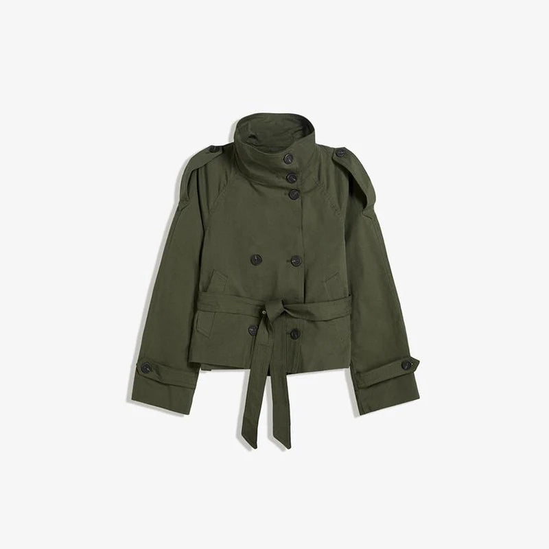 Fashion Belt Short Trench Coat Women Stand Collar Double Breasted Pocket Long Sleeve Coats 2025 Autumn Lady Commute Chic Outwear