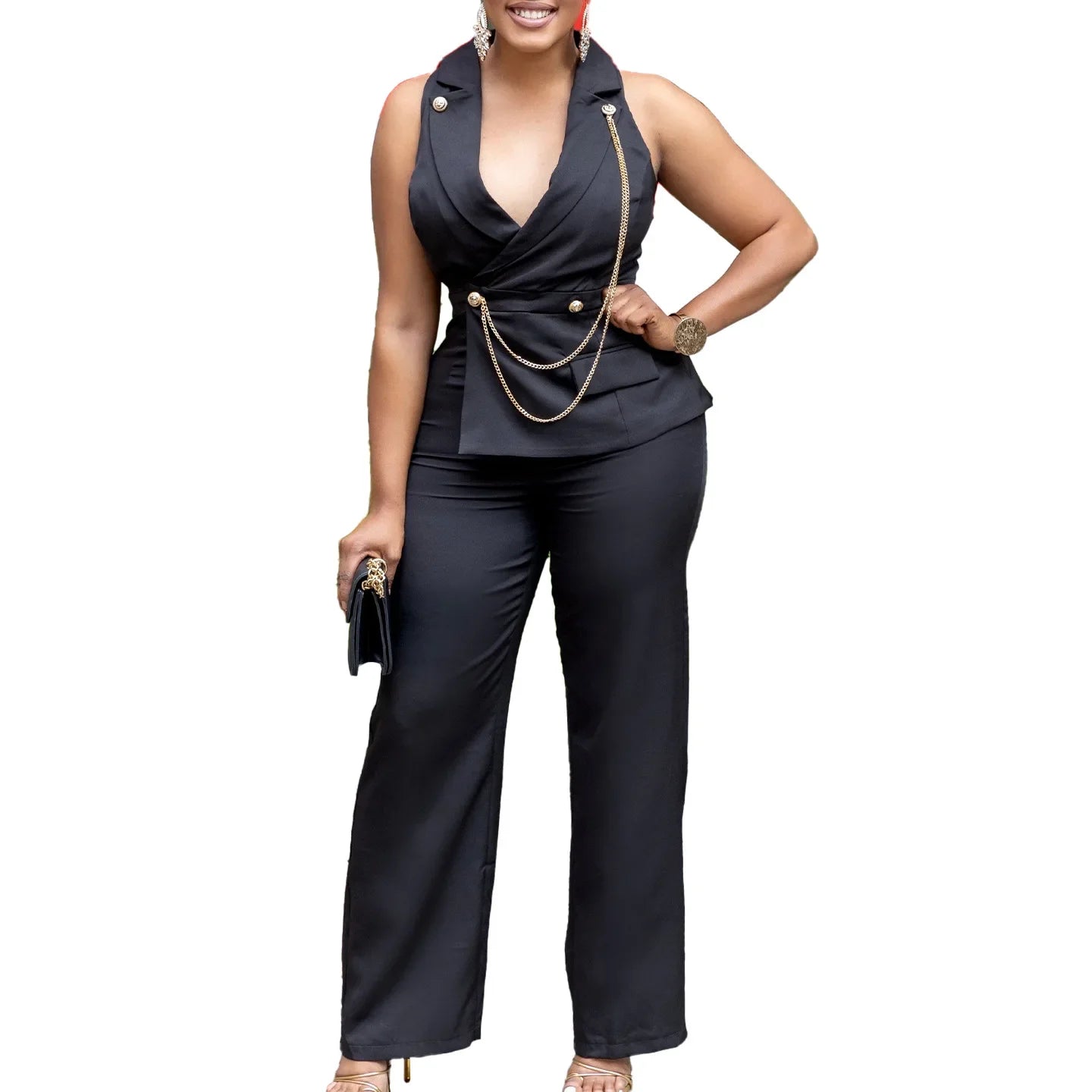 C8604 Foreign Trade Women's Fashionable Sexy Chain Collar Wide Leg African Jumpsuit Casual Style Long Dress For Ladies