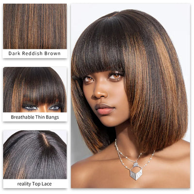 250% Density Straight Bob Wig Human Hair  Wigs with Bangs 2x1 Closure HD Lace Layered Cut Wig Bob Short Wigs Minimalism
