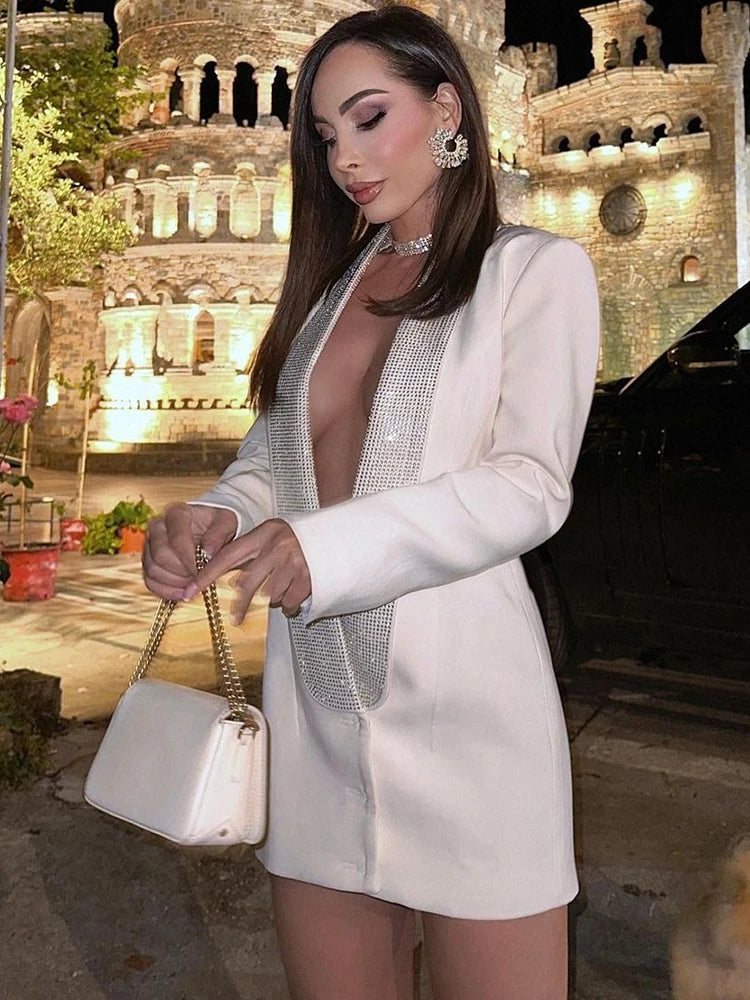 Dulzura Solid Sparkly Crystal Rhinestone Shoulder Pad Backless Suit 2024 Summer For Women Classic Prom Elegant Evening Party