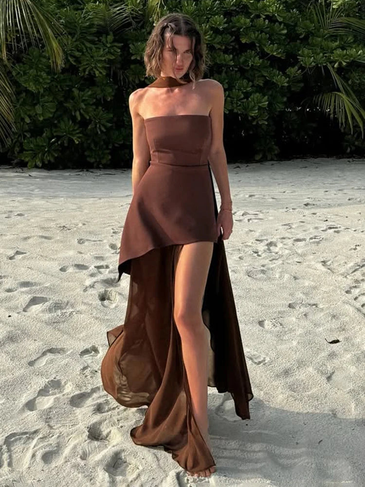 TARUXY Fashion Strapless Dress With Ribbon Female Elegant Sleeveless Mesh Beach Vacation Long Dress 2025 Spring New Women Dress