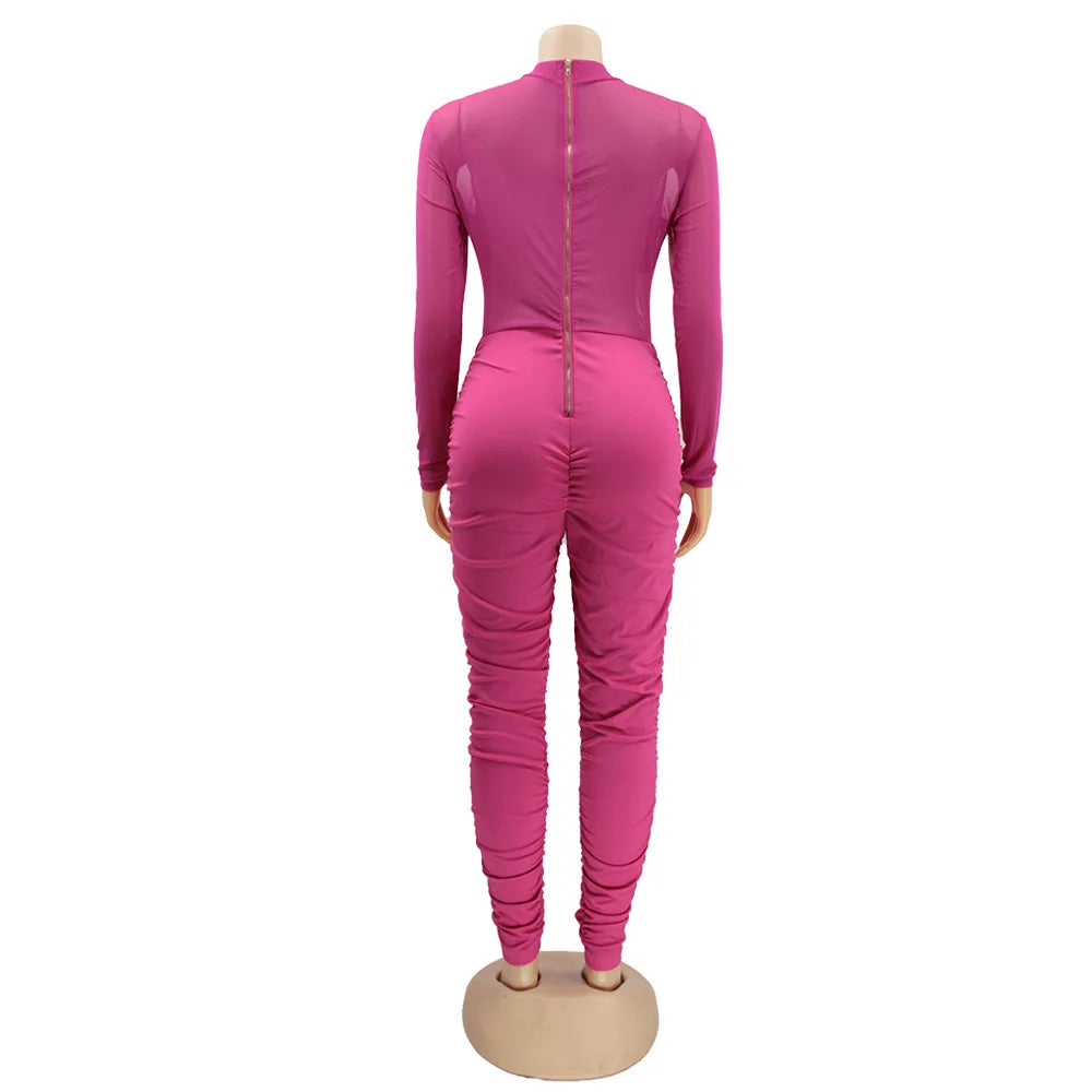 Sexy Mesh Patchwork Jumpsuits for Women Elegant Long Sleeve Bandage One Piece Party Long Bodysuit