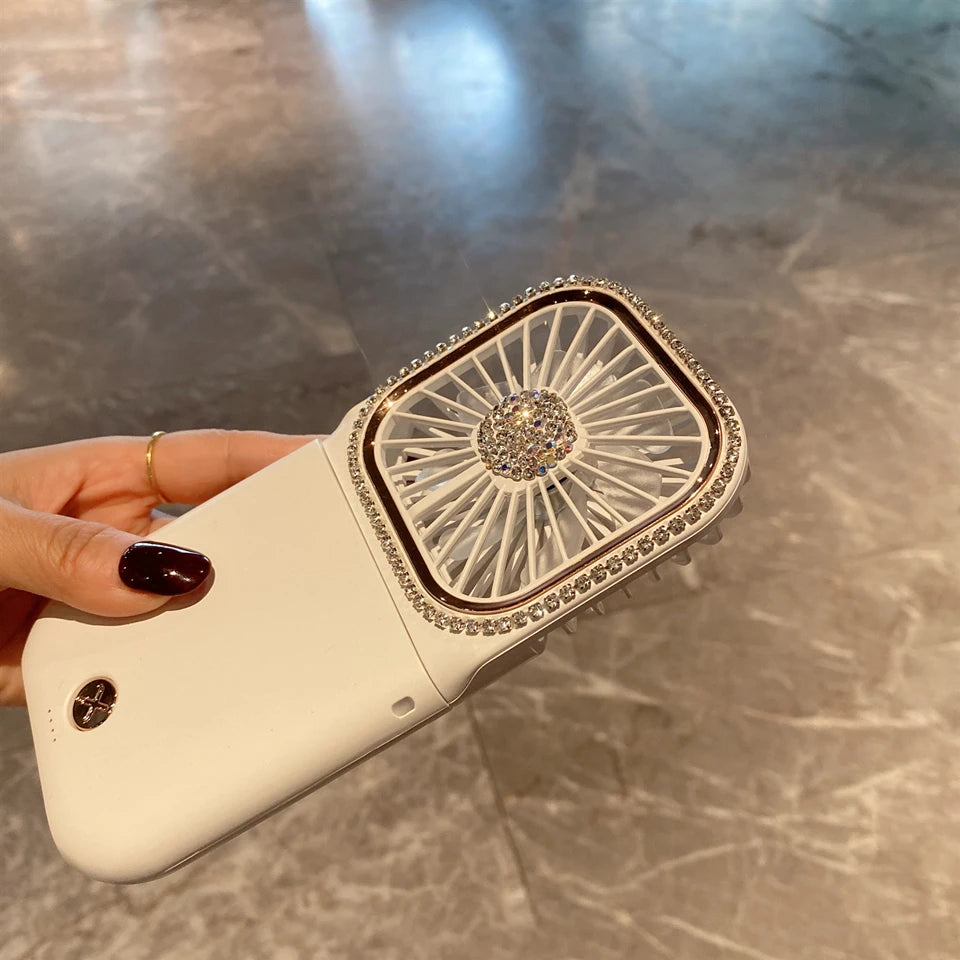 USB Folding Portable Mini Charging Small Fan Rhinestones Handheld Desktop Stand for Student Office Universal Cooling Ventilador