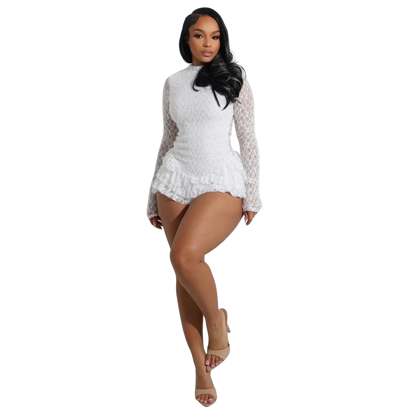 BWQ Women Long Sleeve Lace Ruffles Ruched High Waist Short Jumpsuit Streetwear Backless Street One Piece Romper Playsuit