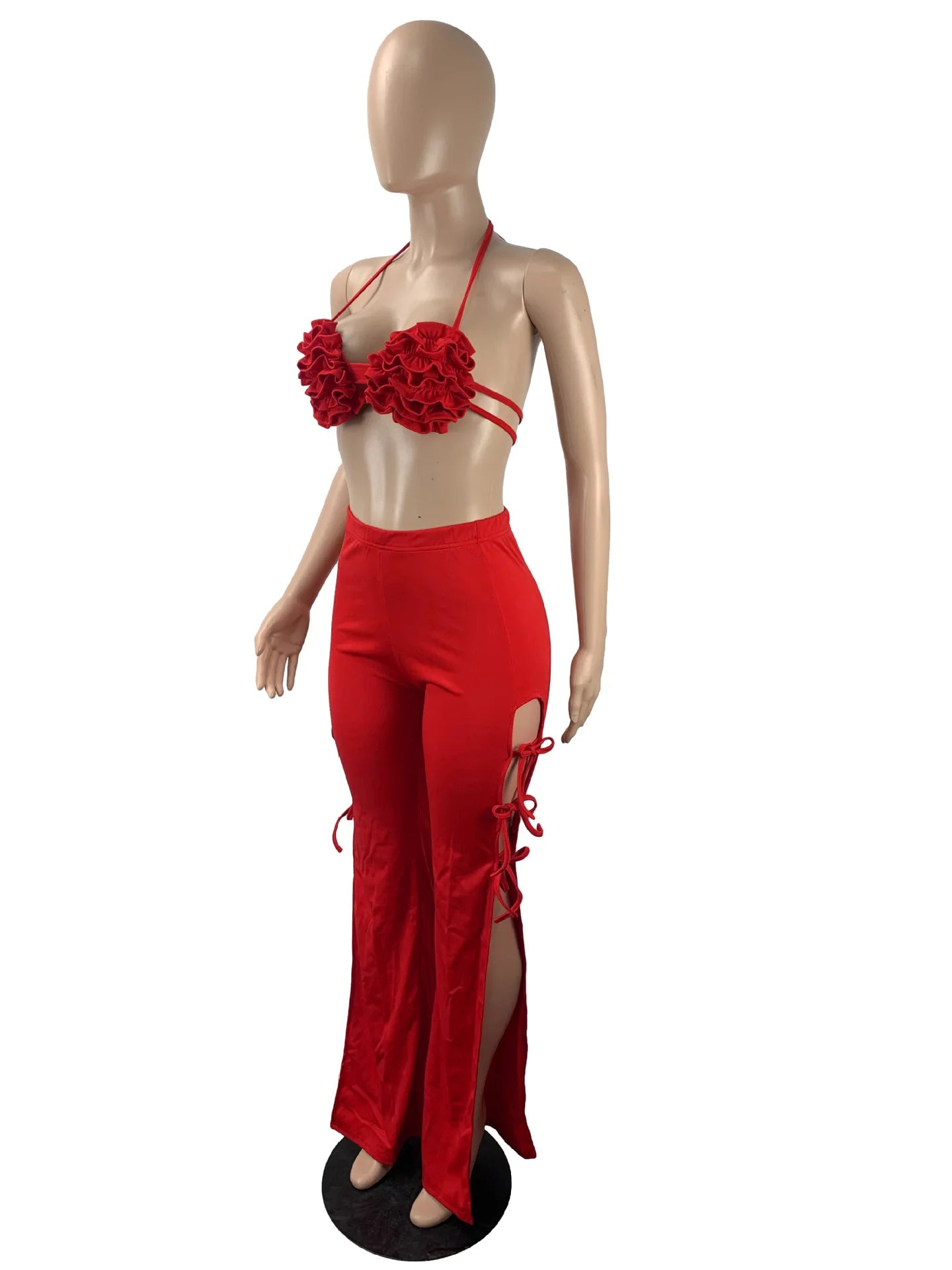 2022 Summer Women 2 Piece Set Floral Bra Tops and High Side Split Lace Up Wide Leg Pants Set Sweatsuit Tracksuit Outfits