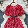 Summer Pleated Women Buttons Dresses Casual Beach Holiday Short Sleeve V Neck Woman Midi Dress Bohemian Mujer Vestidos