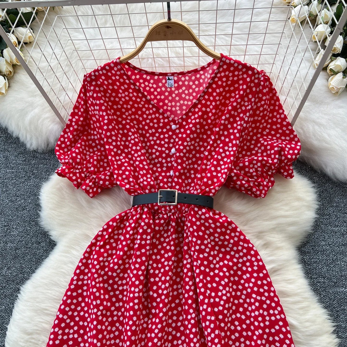 Summer Pleated Women Buttons Dresses Casual Beach Holiday Short Sleeve V Neck Woman Midi Dress Bohemian Mujer Vestidos